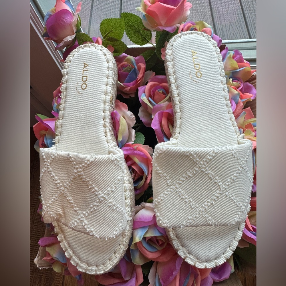 ALDO Erireni Espadrille Slides Cream Canvas Boho Beach Sandals Size 7